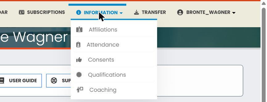 The Information menu open, listing Affiliations, Attendance, Consents, Qualifications and Coaching
