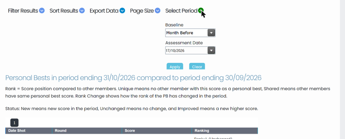 Select Period panel with Baseline and Assessment Date