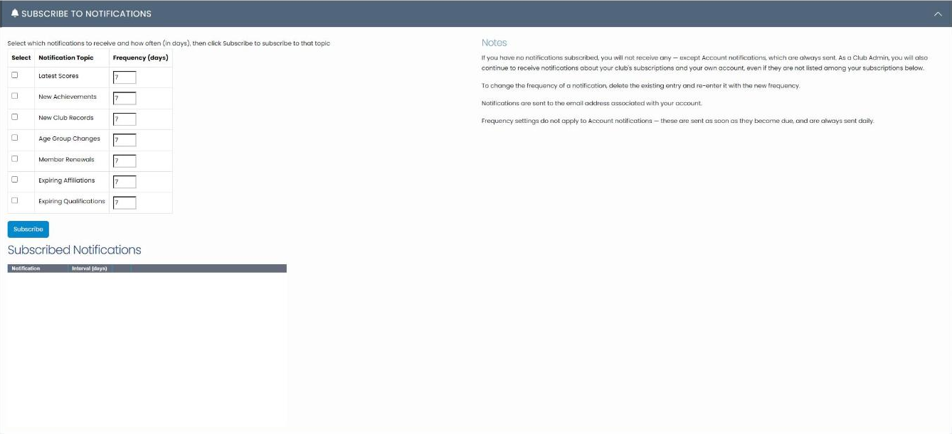 Subscribe to Notifications panel