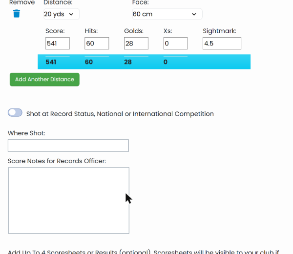 Record Status switch, Where Shot box and Score Notes for Records Officer box