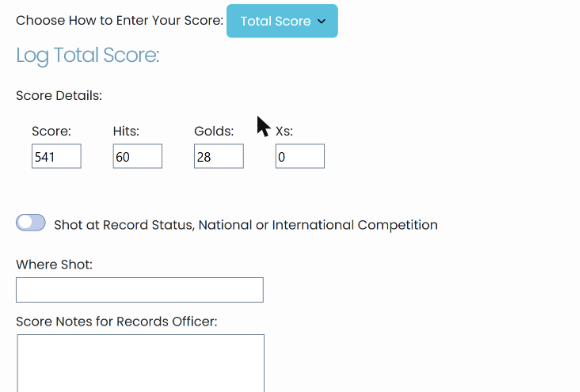 Log Total Score section with Score, Hits, Golds and Xs boxes